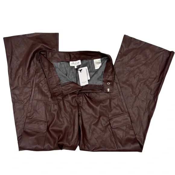 NWT $398 OSCAR The Collection Faux Leather Cargo Pants UK 12 US 8 Chestnut Brown - Picture 3 of 9